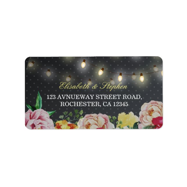 Black White Floral String Light Polka Dots Wedding Label (Front)