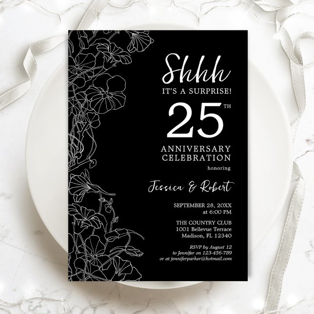 Black White Floral Surprise 25th Anniversary Invitation (Creator Uploaded)
