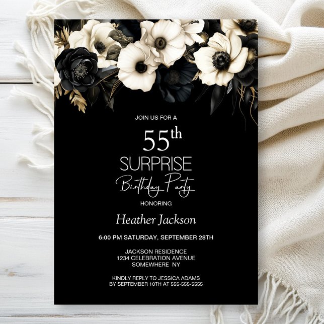 Black White Floral Surprise 55th Birthday Party Invitation (Creator Uploaded)