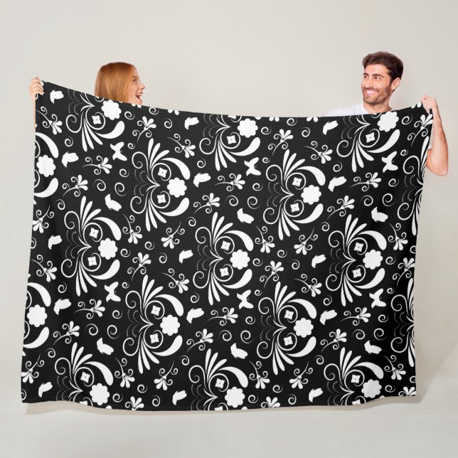 Black White Floral Swirl Butterfly Pattern Fleece Blanket (In Situ)