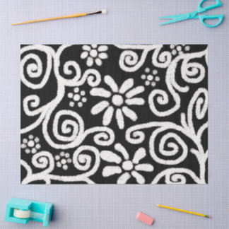Black White Floral Swirls Flowers Decoupage Tissue Paper
