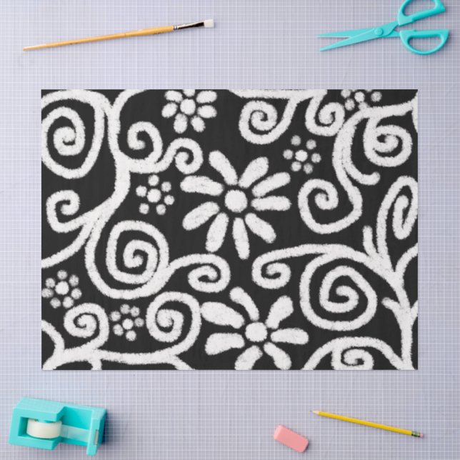Black White Floral Swirls Flowers Decoupage Tissue Paper (Craft)