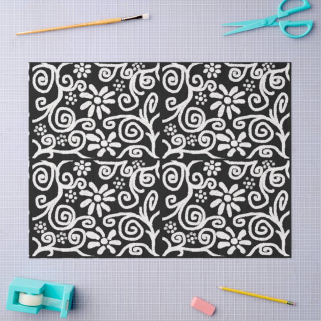 Black White Floral Swirls Flowers Decoupage Tissue Paper (Craft)