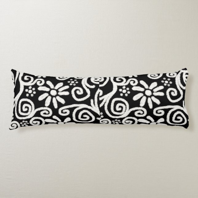 Black White Floral & Swirls Flowers Flower Pattern Body Pillow (Front)