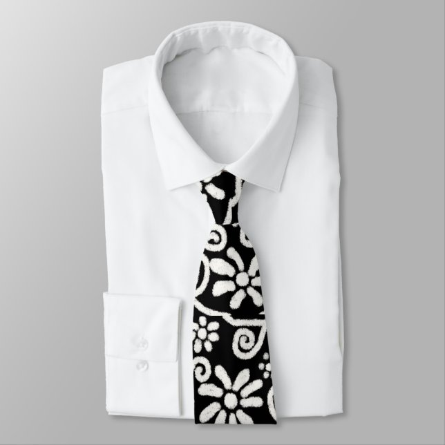 Black White Floral & Swirls Flowers Flower Pattern Tie (Tied)