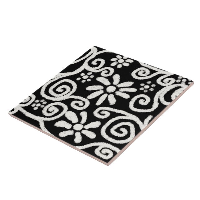Black White Floral & Swirls Flowers Flower Pattern Tile (Side)