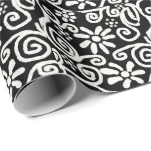 Black White Floral & Swirls Flowers Flower Pattern Wrapping Paper