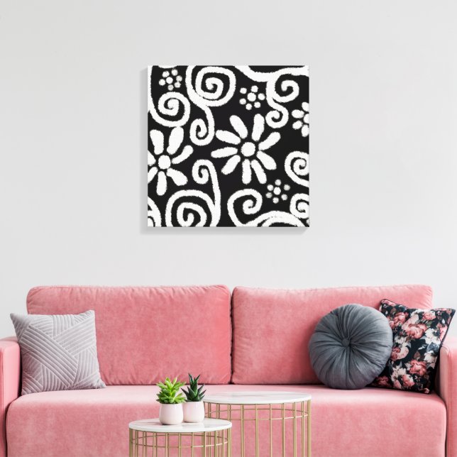 Black White Floral & Swirls Flowers Flower Swirl Canvas Print (Insitu(LivingRoom))
