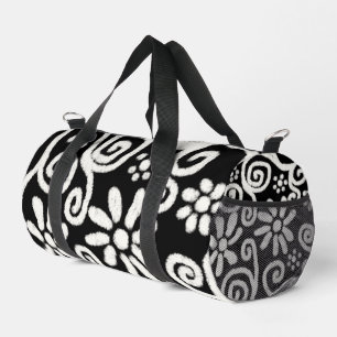 Black White Floral & Swirls Flowers Flower Swirl Duffle Bag