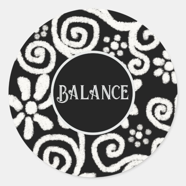 Black White Floral & Swirls Flowers Personalized Classic Round Sticker (Front)