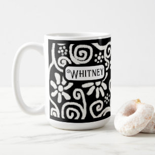 Black White Floral & Swirls Flowers Personalized Coffee Mug