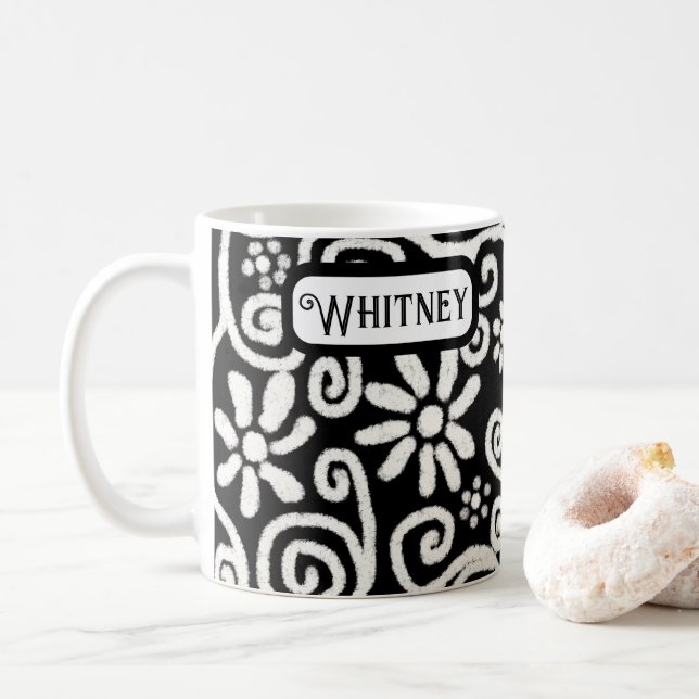Black White Floral & Swirls Flowers Personalized Coffee Mug (With Donut)