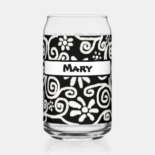 Black White Floral Swirls Pattern Personalized Can Glass
