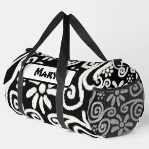 Black White Floral Swirls Pattern Personalized Duffle Bag