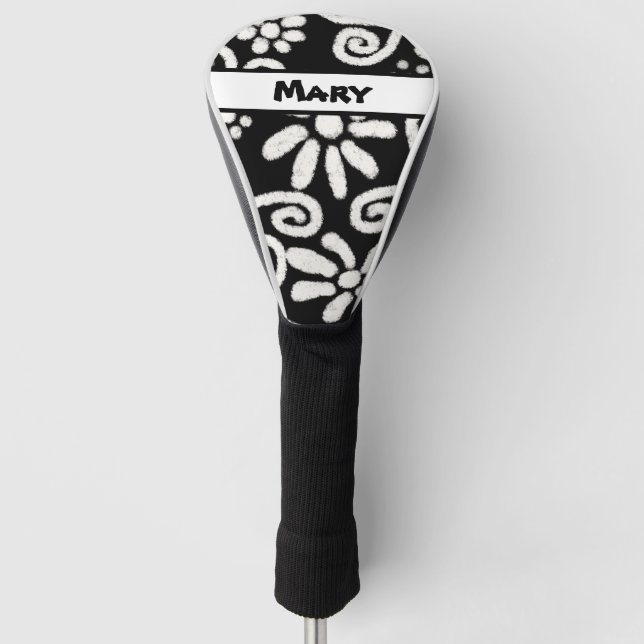 Black White Floral Swirls Pattern Personalized Golf Head Cover (Front)