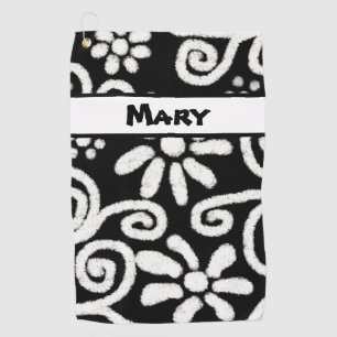 Black White Floral Swirls Pattern Personalized Golf Towel
