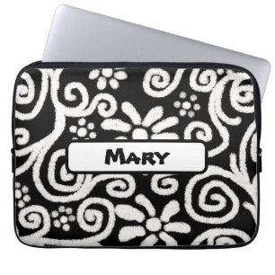 Black White Floral Swirls Pattern Personalized Laptop Sleeve
