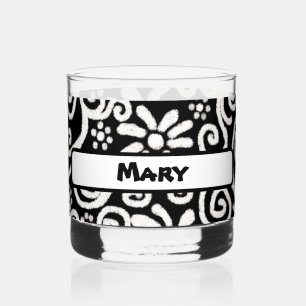 Black White Floral Swirls Pattern Personalized Whiskey Glass