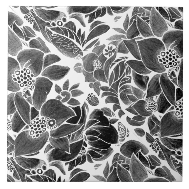 Black White floral Tile (Front)