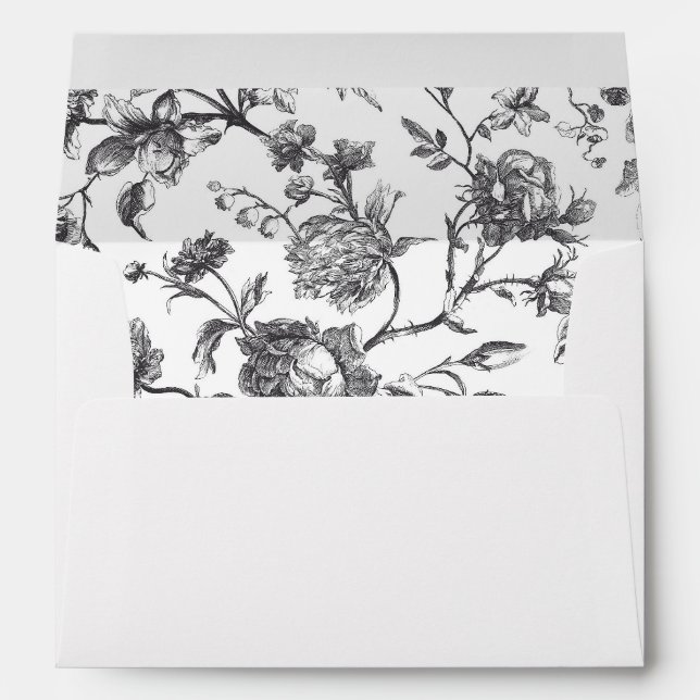 Black & White Floral Toile Elegant Wedding Envelope (Back (Bottom))