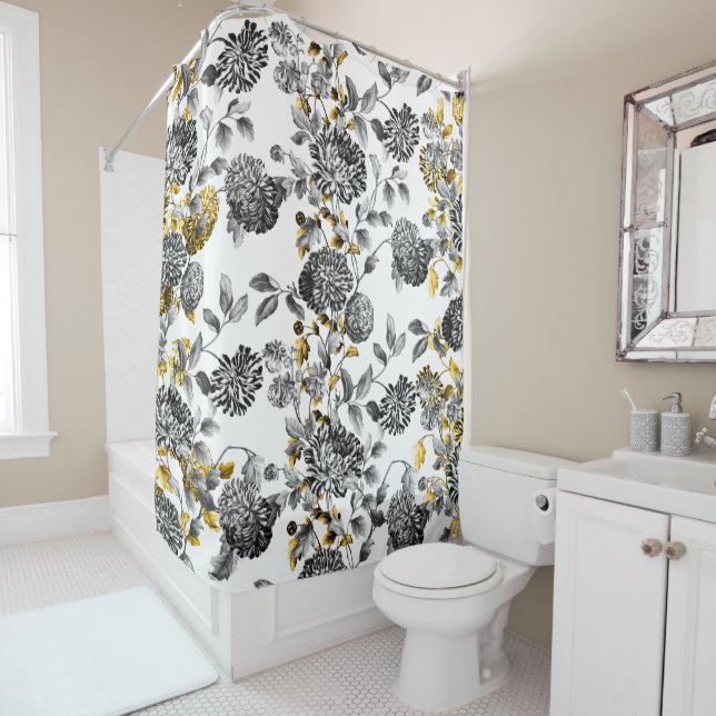 Black White Floral Toile Gold Floral Trim (In Situ)