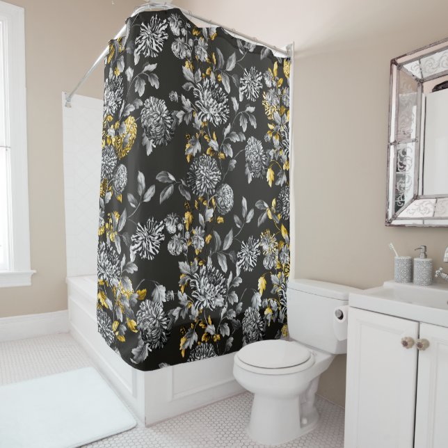 Black White Floral Toile Gold Trim Soft Black (In Situ)