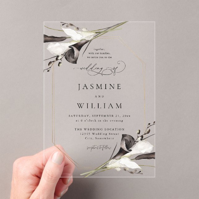 Black & White Floral Wedding 2 Acrylic Invitations (Insitu (Handheld))