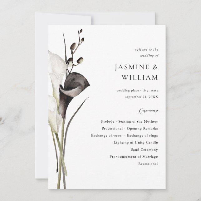 Black & White Floral Wedding Ceremony Program (Front)