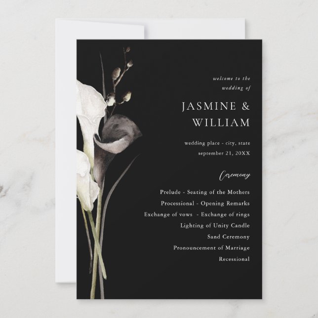 Black & White Floral Wedding Ceremony Program B (Front)