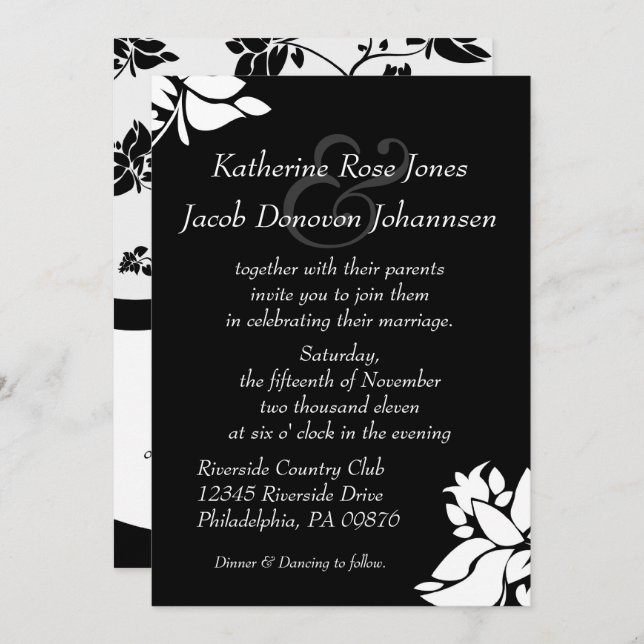 Black & White Floral Wedding Invitation (Front/Back)