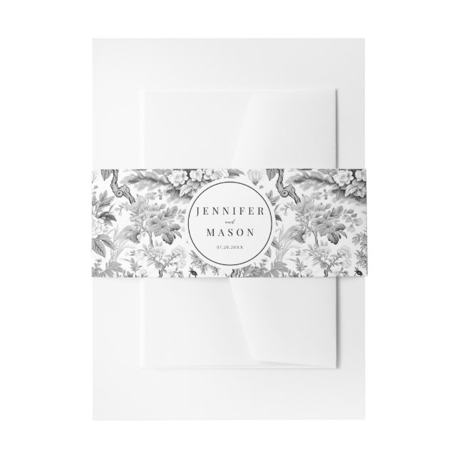 Black white floral wedding invitation belly band (Front Example)