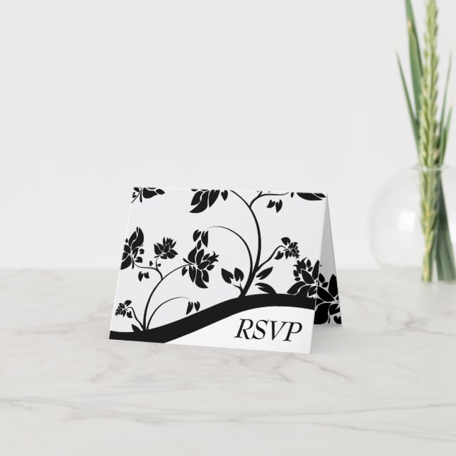 Black & White Floral Wedding RSVP card (Front)