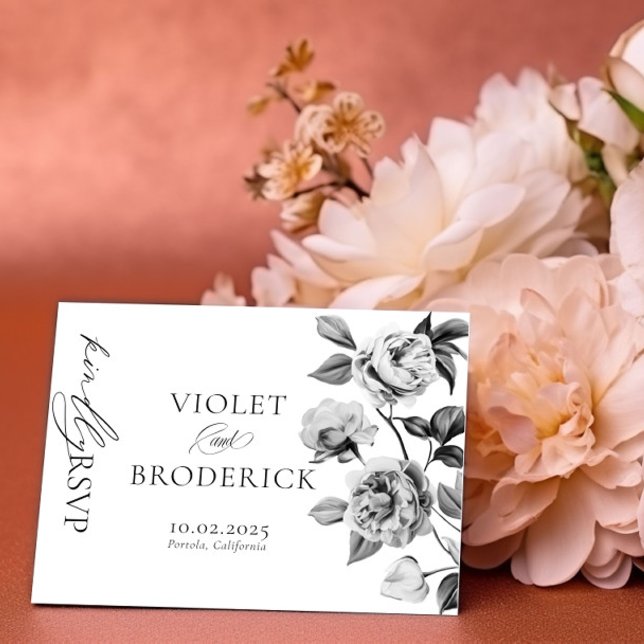 Black & White Floral Wedding RSVP Postcard  (Creator Uploaded)