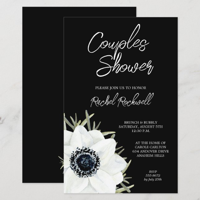 Black White Floral Wedding Shower Invitations (Front/Back)