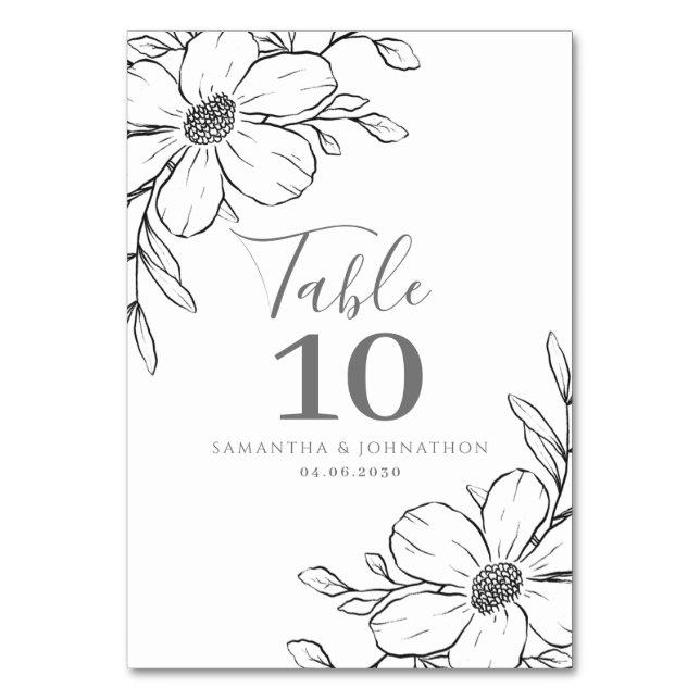 Black White Floral Wedding  Table Number (Front)