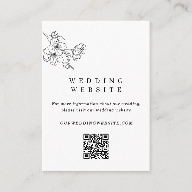 Black & White Floral Wedding Website QR Code Enclosure Card (Front)