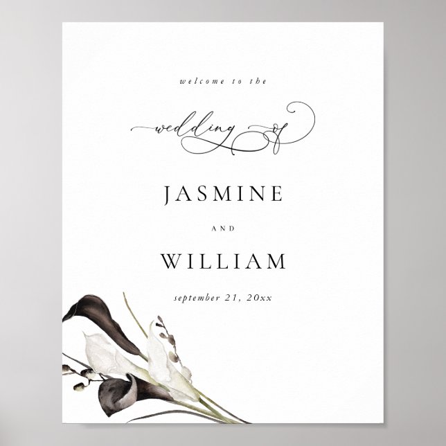 Black & White Floral Wedding Welcome Sign (Front)