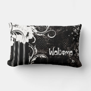 Black White Floral Welcome Skull Lumbar Pillow