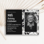 Black White Floral Women's Photo 90th Birthday Invitation Postcard<br><div class="desc">Beautiful black and white line art floral women's 90th birthday party invitation postcard personalized with her photo.  Text is fully customizable,  so this card can be designed for any age.  Contact me for assistance with customization or to request matching products.</div>