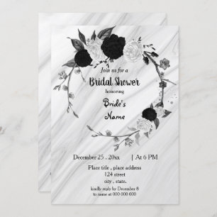 Black & white floral wreath bridal shower invitation