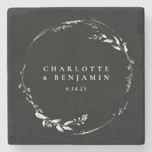 Black White Floral Wreath Monogram Personalized Stone Coaster