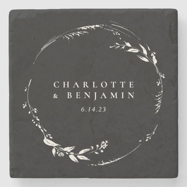 Black White Floral Wreath Monogram Personalized Stone Coaster (Front)