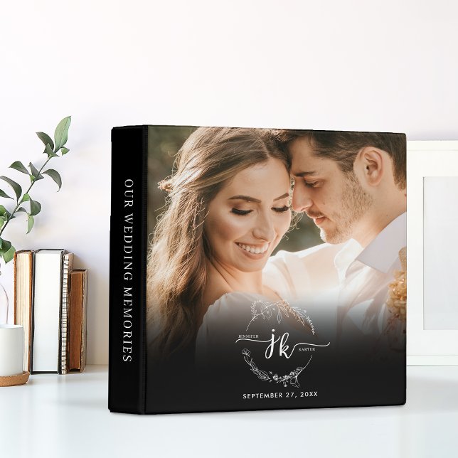 Black White Floral Wreath Monogram Photo Wedding Binder (Creator Uploaded)