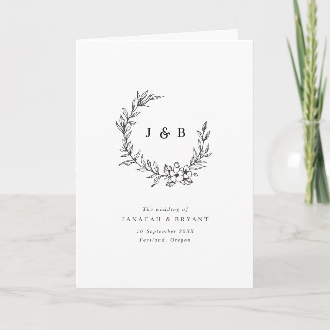Black & White Floral Wreath Monogram Wedding  Program (Front)
