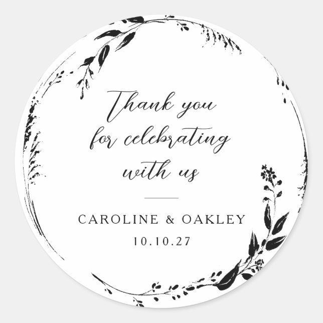 Black White Floral Wreath Wedding Custom Thank You Classic Round Sticker (Front)