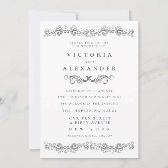 Black White Flourish Elegant Any Time Wedding Invitation (Front)