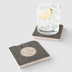 Black White Flower Background Monogram Stone Coaster