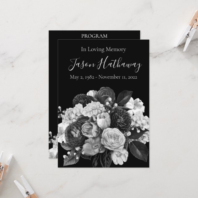 Black & White Flower Funeral Program (no photo) (Front/Back In Situ)