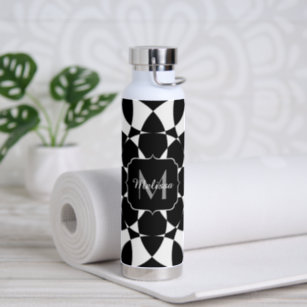 Black white flower mandala mosaic retro Monogram Water Bottle