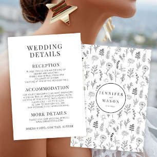 Black white flower minimalist wedding details Card